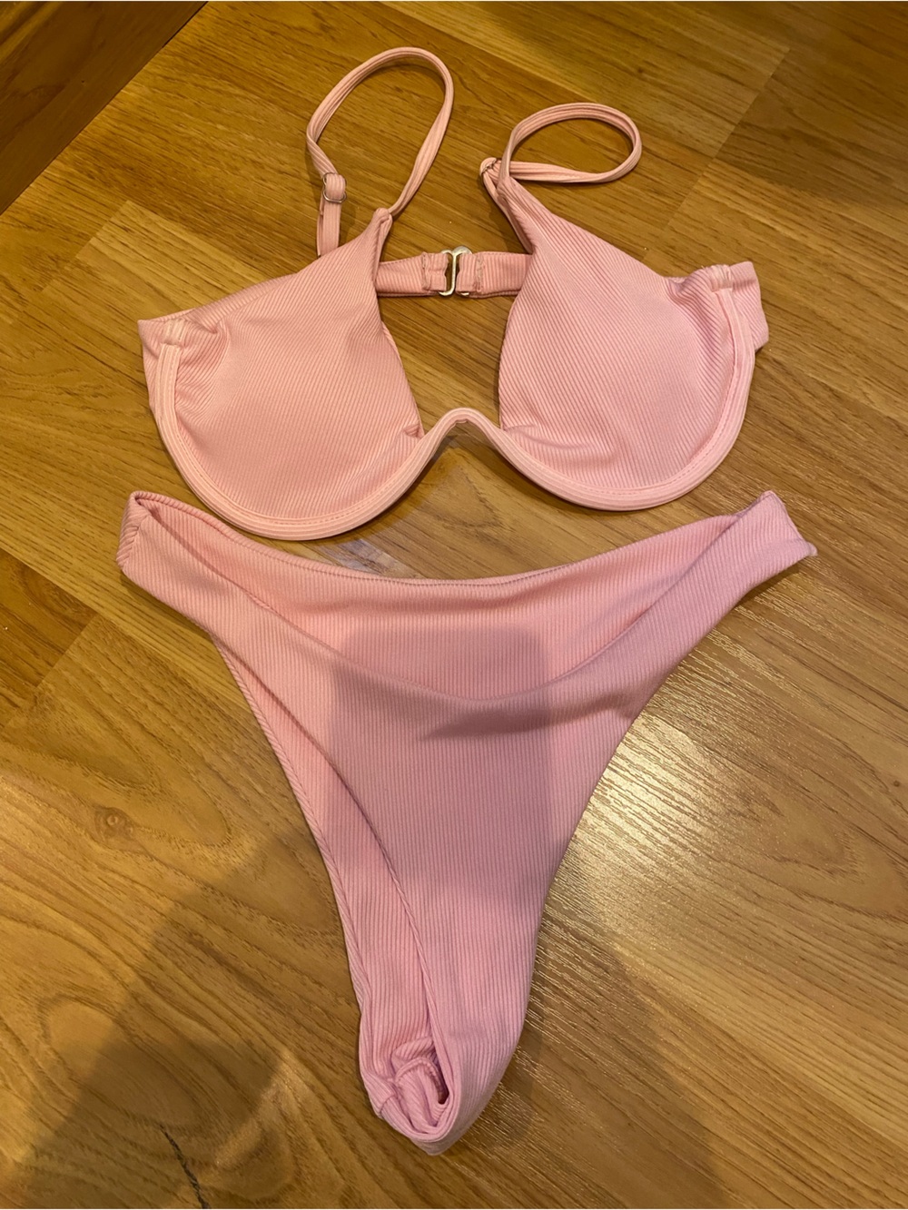 Ribbed Bandeau Bikini Set in Soft Pink